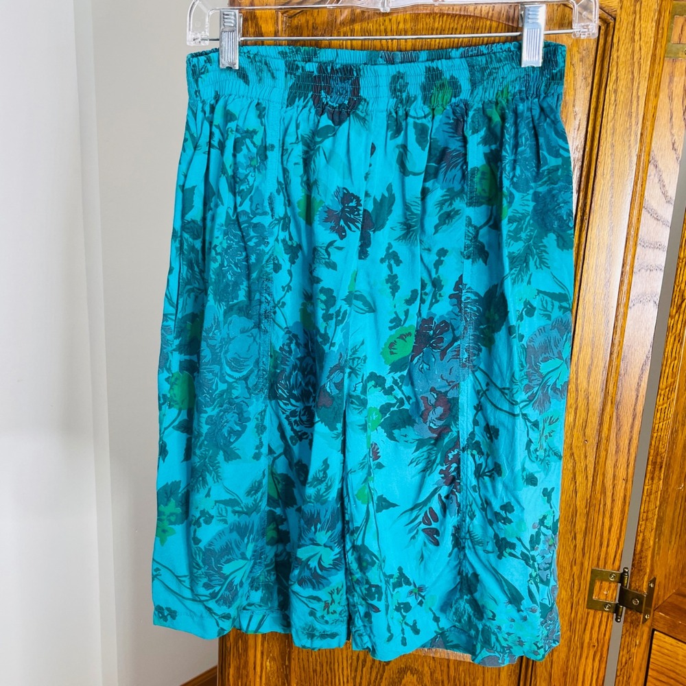 Croquet Club Vintage Floral Shorts Teal Blue Rayon High Waist Elastic Medium